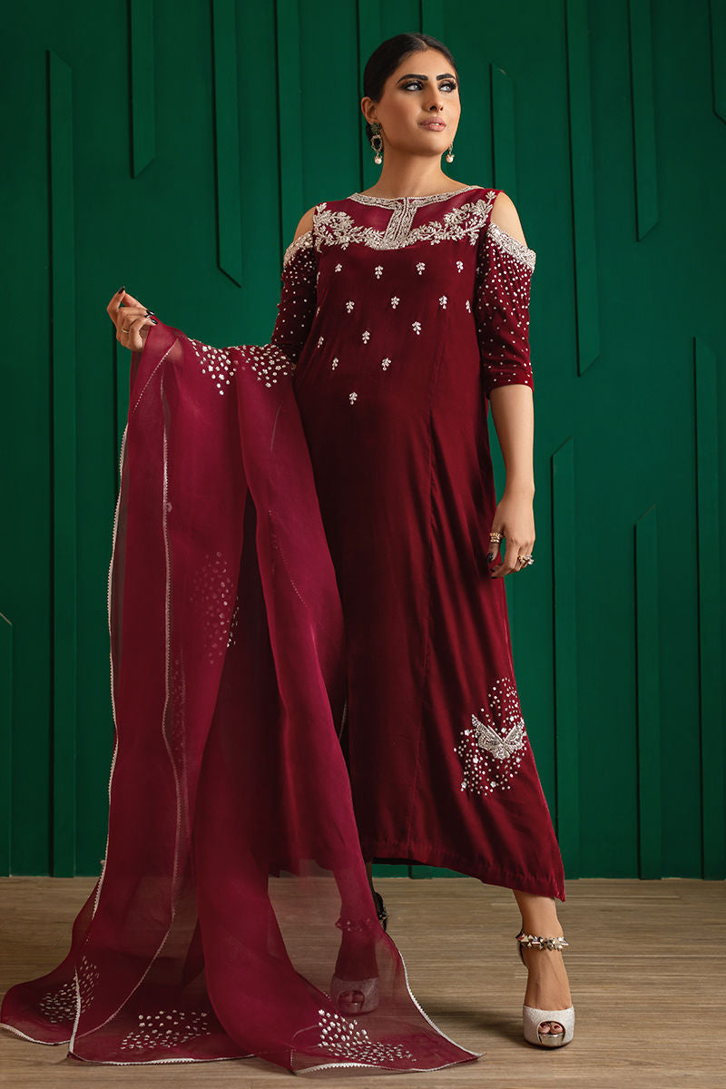Pakistani Deep Red Hand-Embellished Crepe & Organza Kameez (2-Piece) - Image 1