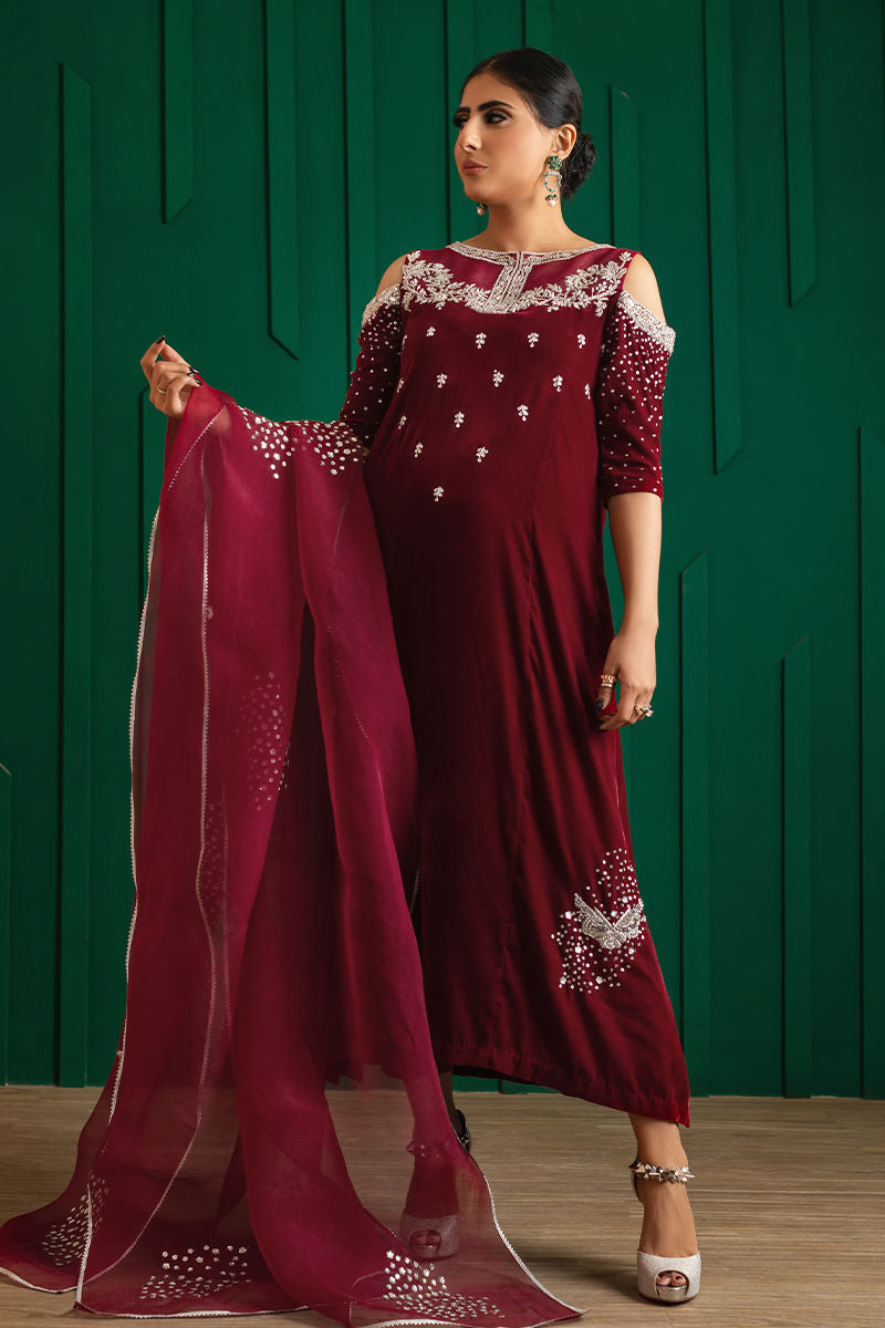 Pakistani Deep Red Hand-Embellished Crepe & Organza Kameez (2-Piece) - Image 2