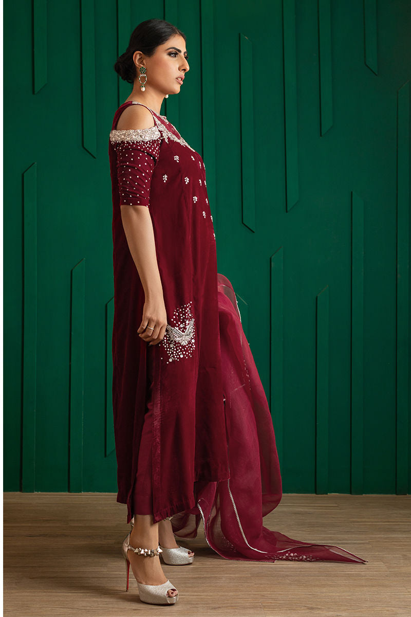 Pakistani Deep Red Hand-Embellished Crepe & Organza Kameez (2-Piece) - Image 3