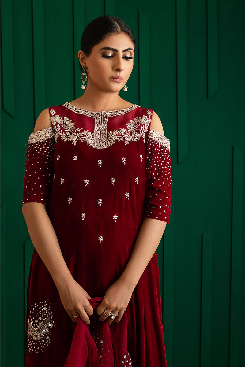Pakistani Deep Red Hand-Embellished Crepe & Organza Kameez (2-Piece) - Image 4
