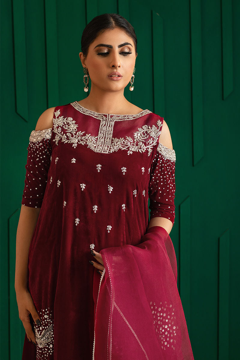 Pakistani Deep Red Hand-Embellished Crepe & Organza Kameez (2-Piece) - Image 5