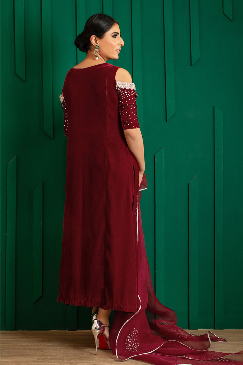 Pakistani Deep Red Hand-Embellished Crepe & Organza Kameez (2-Piece) - Image 6