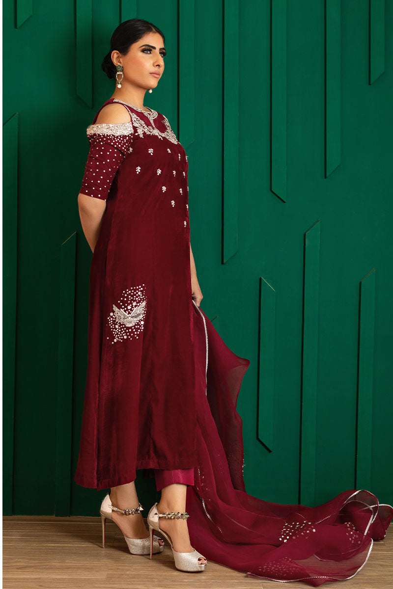 Pakistani Deep Red Hand-Embellished Crepe & Organza Kameez (2-Piece) - Image 7