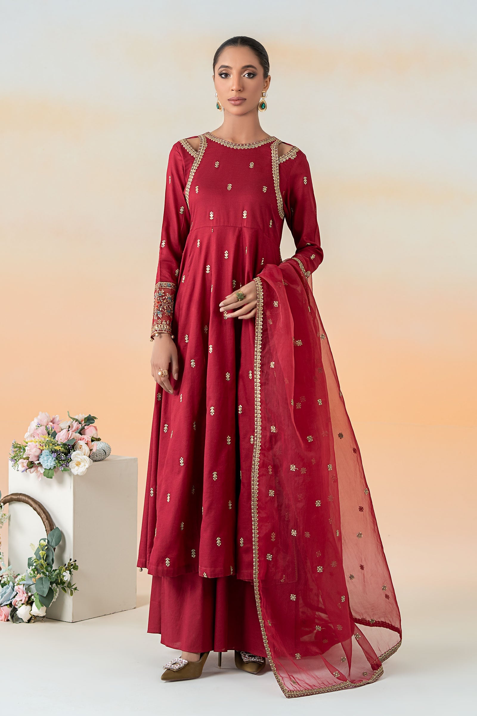 Pakistani Red Embroidered Dobby Lawn Salwar Kameez (3-Piece) - Image 1