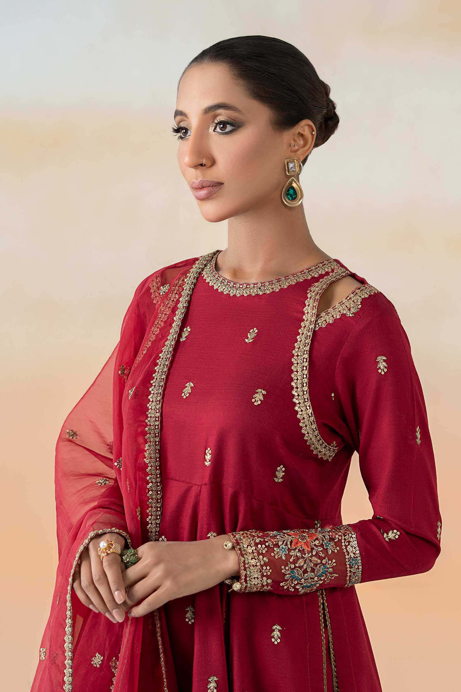 Pakistani Red Embroidered Dobby Lawn Salwar Kameez (3-Piece) - Image 2