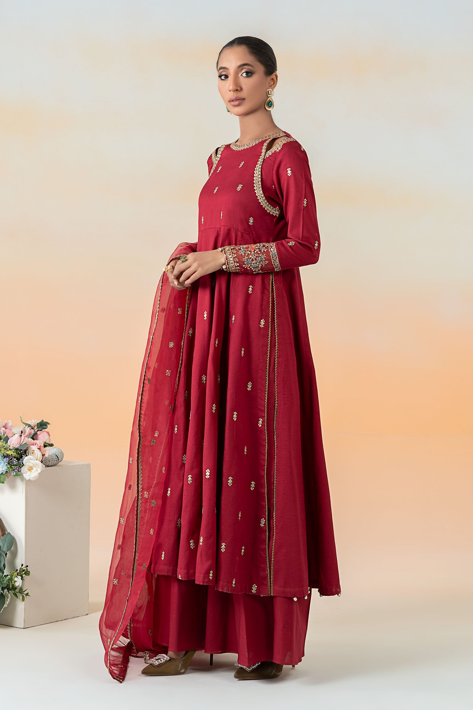 Pakistani Red Embroidered Dobby Lawn Salwar Kameez (3-Piece) - Image 3
