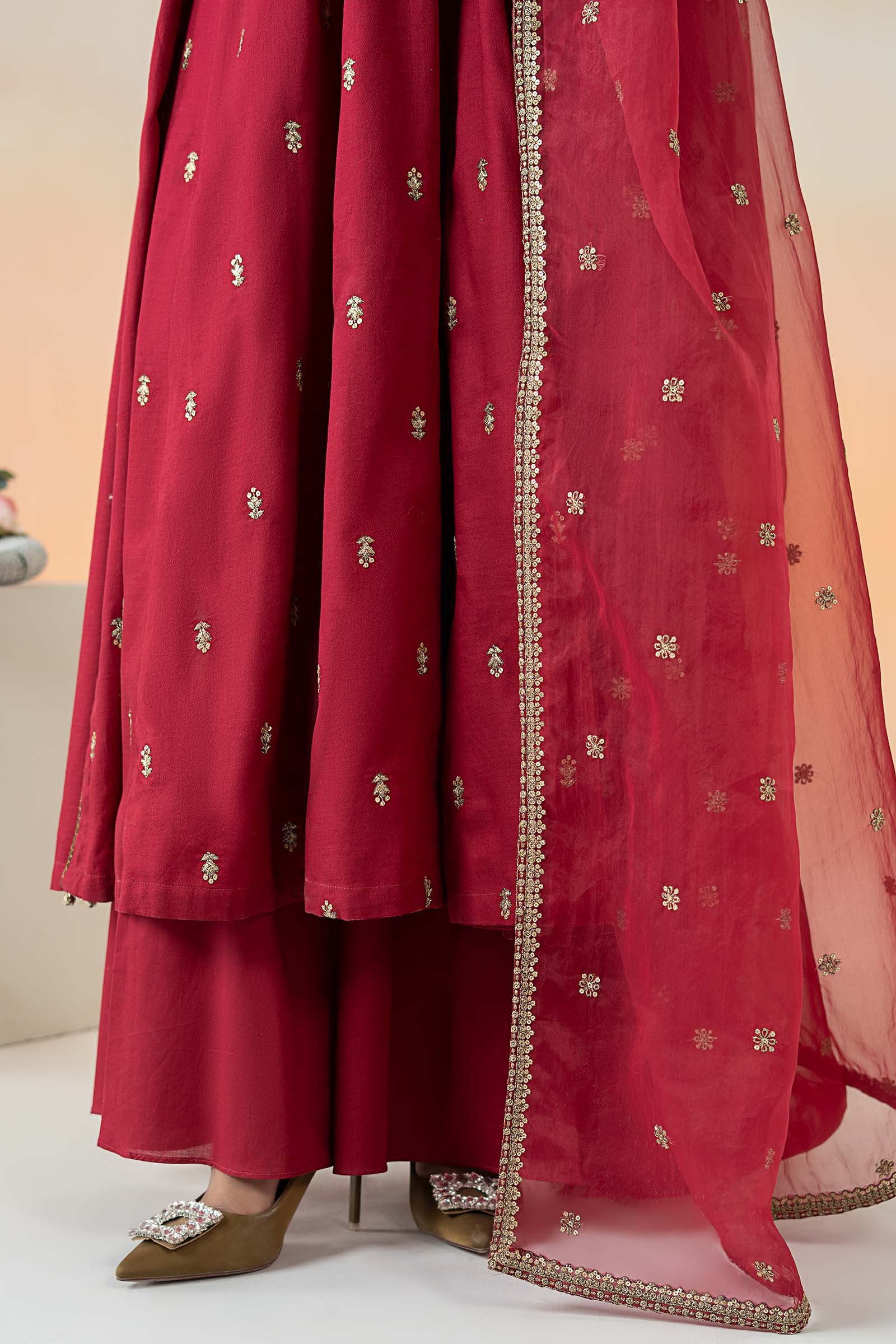 Pakistani Red Embroidered Dobby Lawn Salwar Kameez (3-Piece) - Image 5