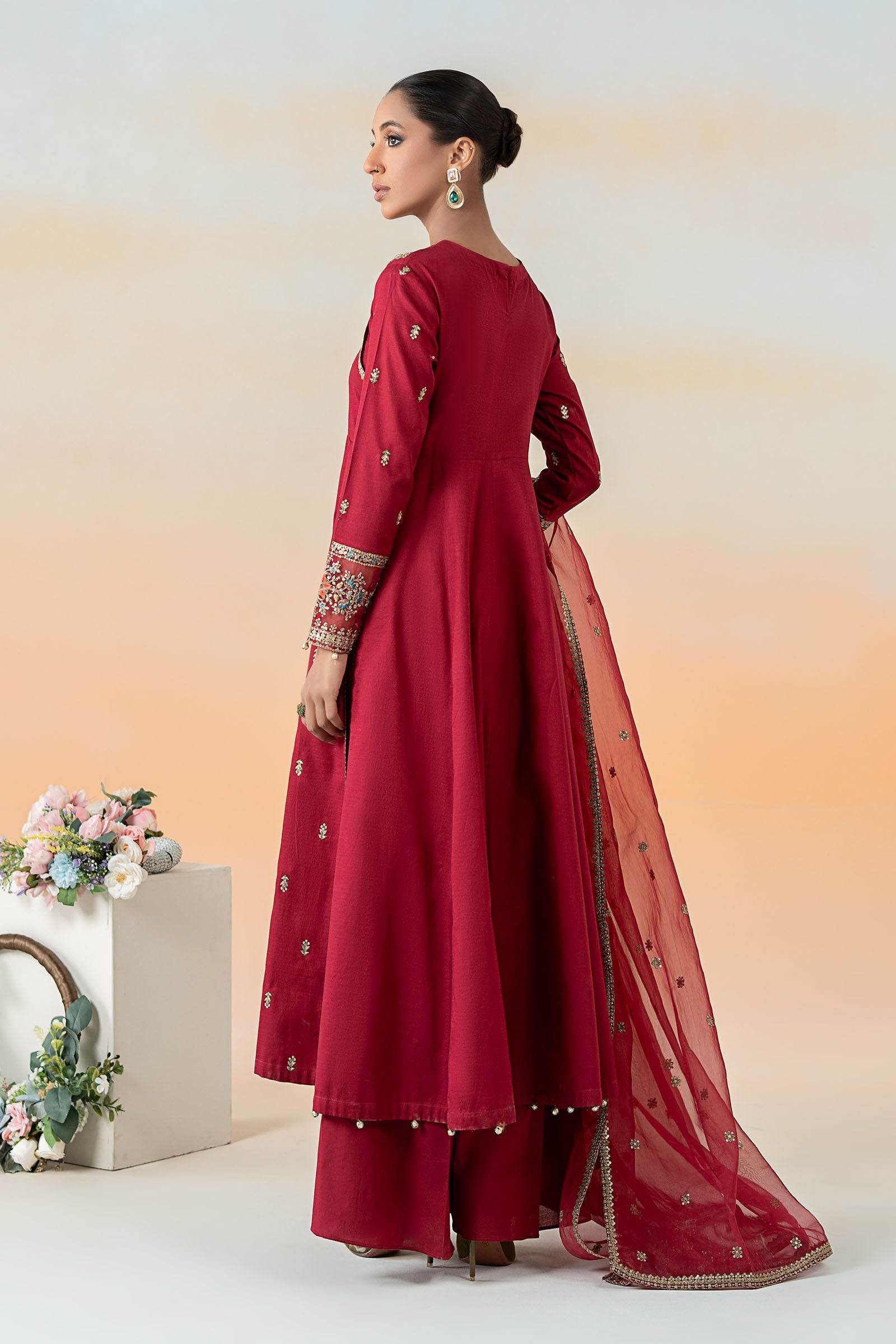Pakistani Red Embroidered Dobby Lawn Salwar Kameez (3-Piece) - Image 6