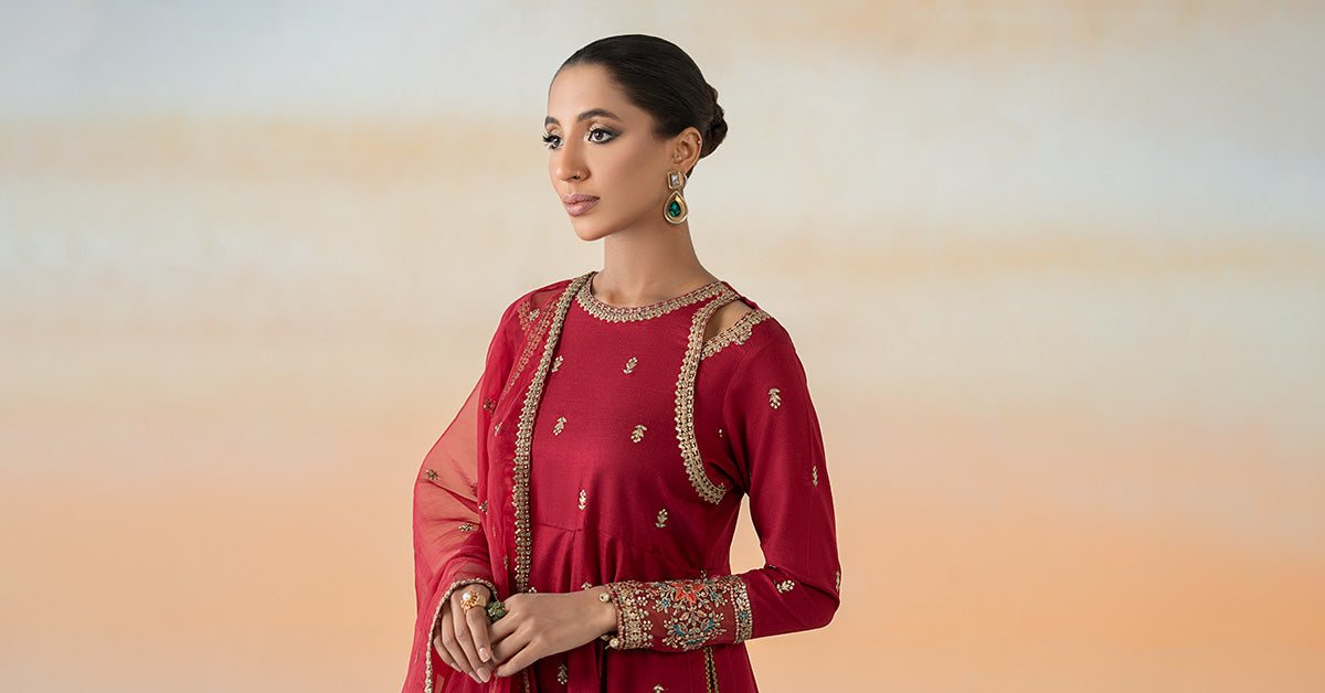 Pakistani Red Embroidered Dobby Lawn Salwar Kameez (3-Piece) - Image 7