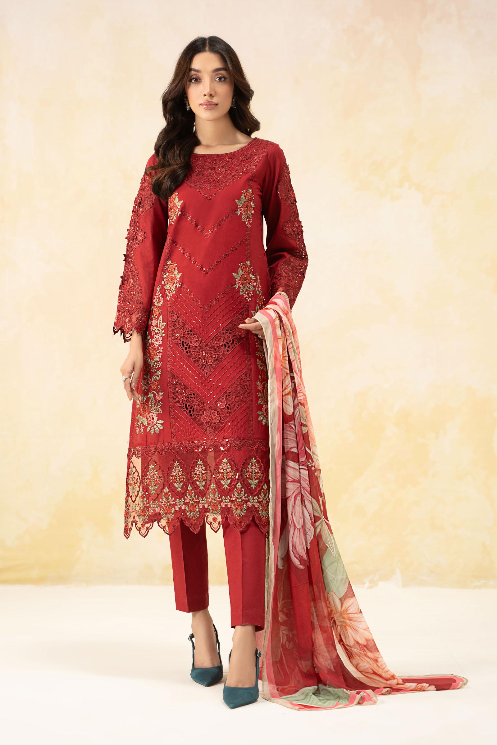 Pakistani Red Embroidered Dobby Lawn 3-Piece Suit - Image 1