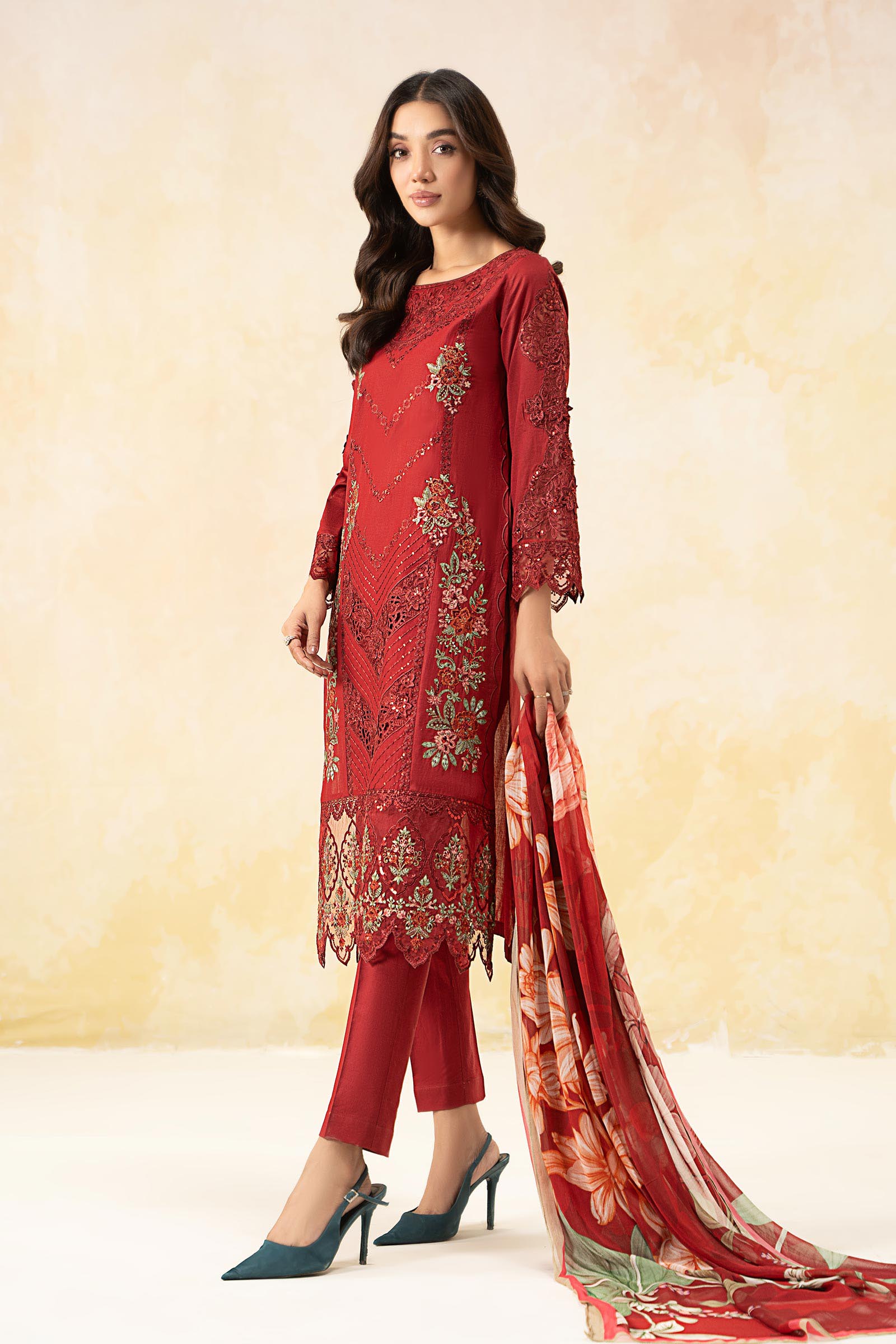 Pakistani Red Embroidered Dobby Lawn 3-Piece Suit - Image 2