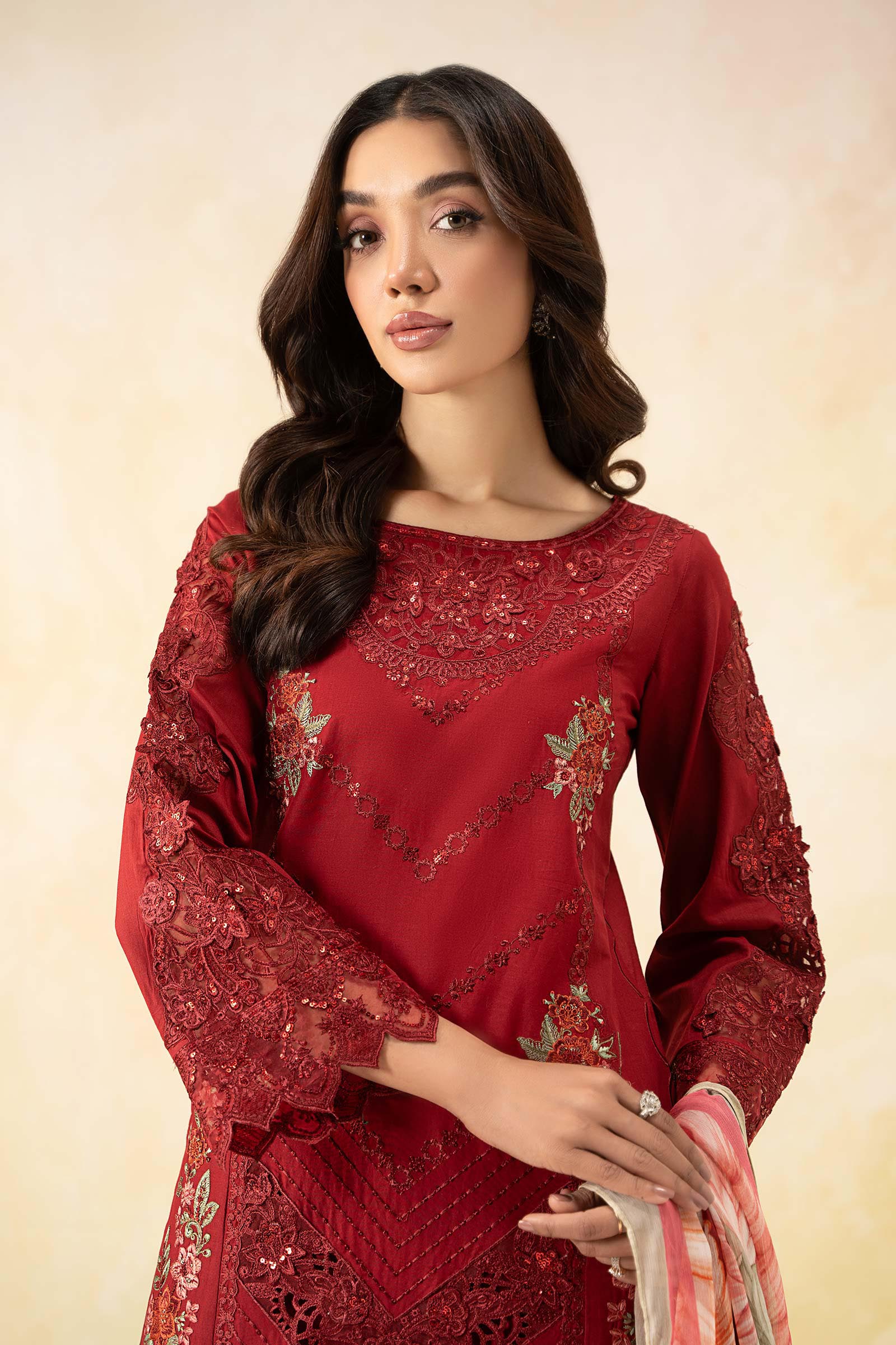 Pakistani Red Embroidered Dobby Lawn 3-Piece Suit - Image 3