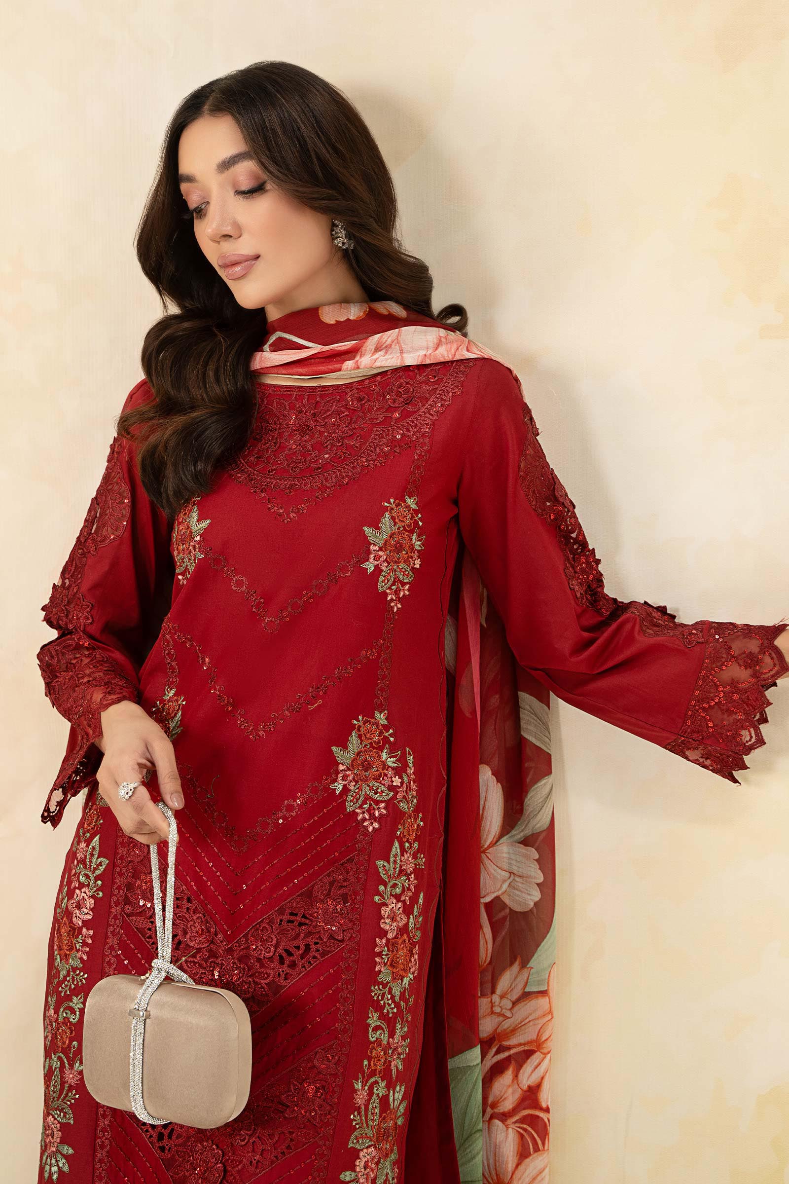 Pakistani Red Embroidered Dobby Lawn 3-Piece Suit - Image 4