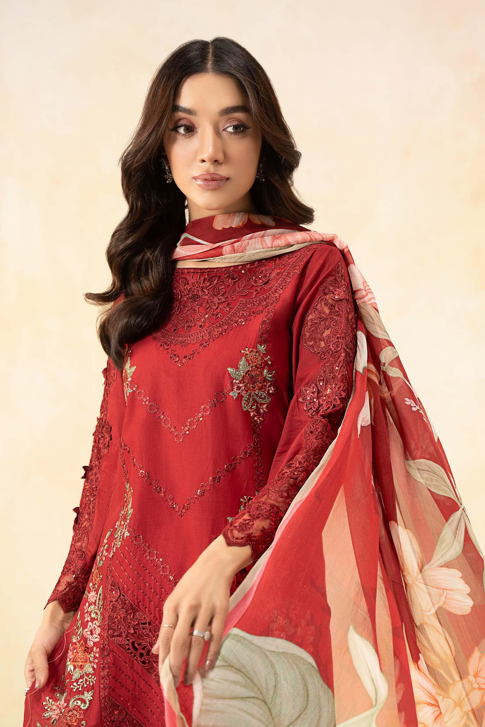 Pakistani Red Embroidered Dobby Lawn 3-Piece Suit - Image 5