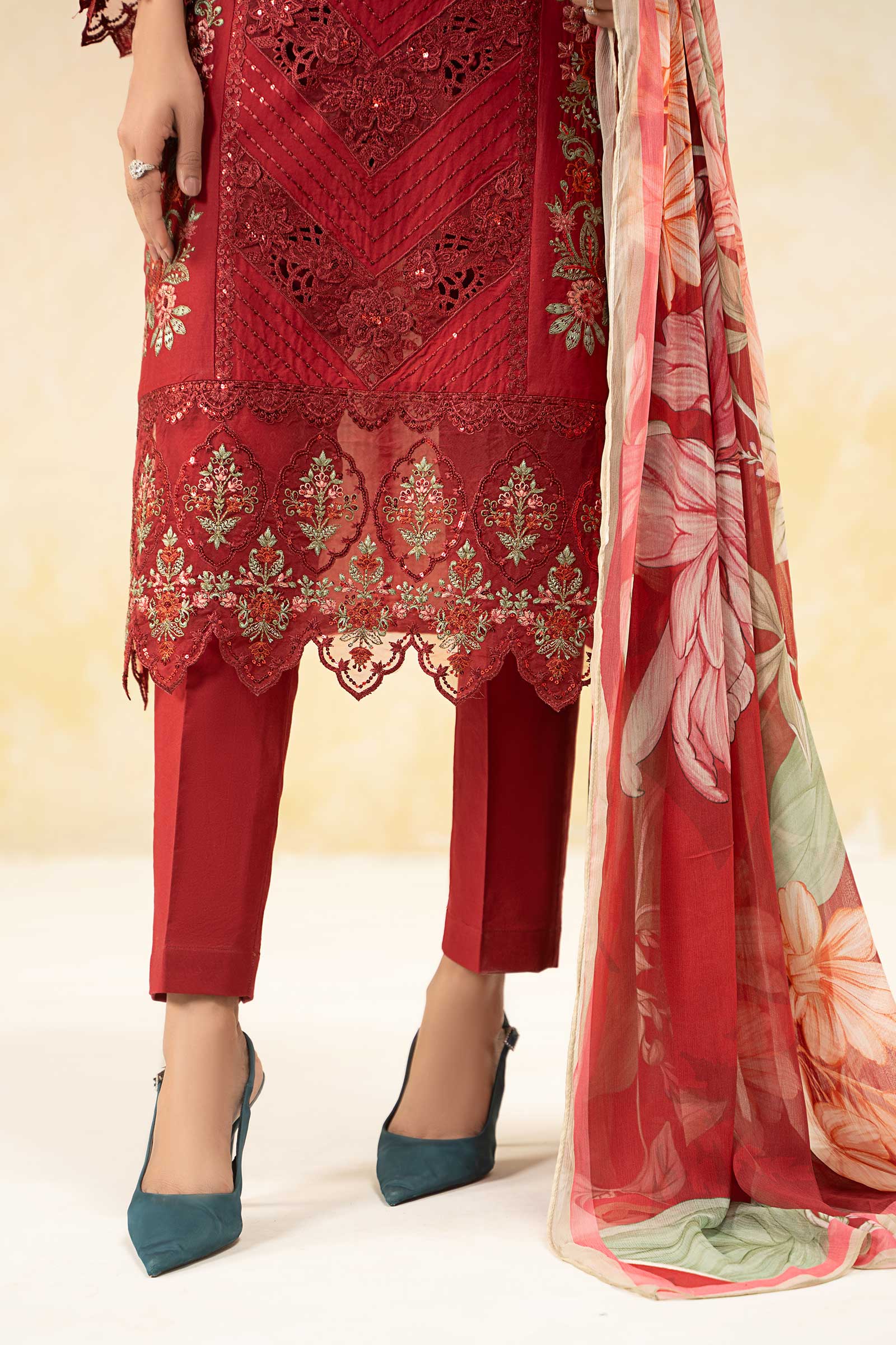 Pakistani Red Embroidered Dobby Lawn 3-Piece Suit - Image 6