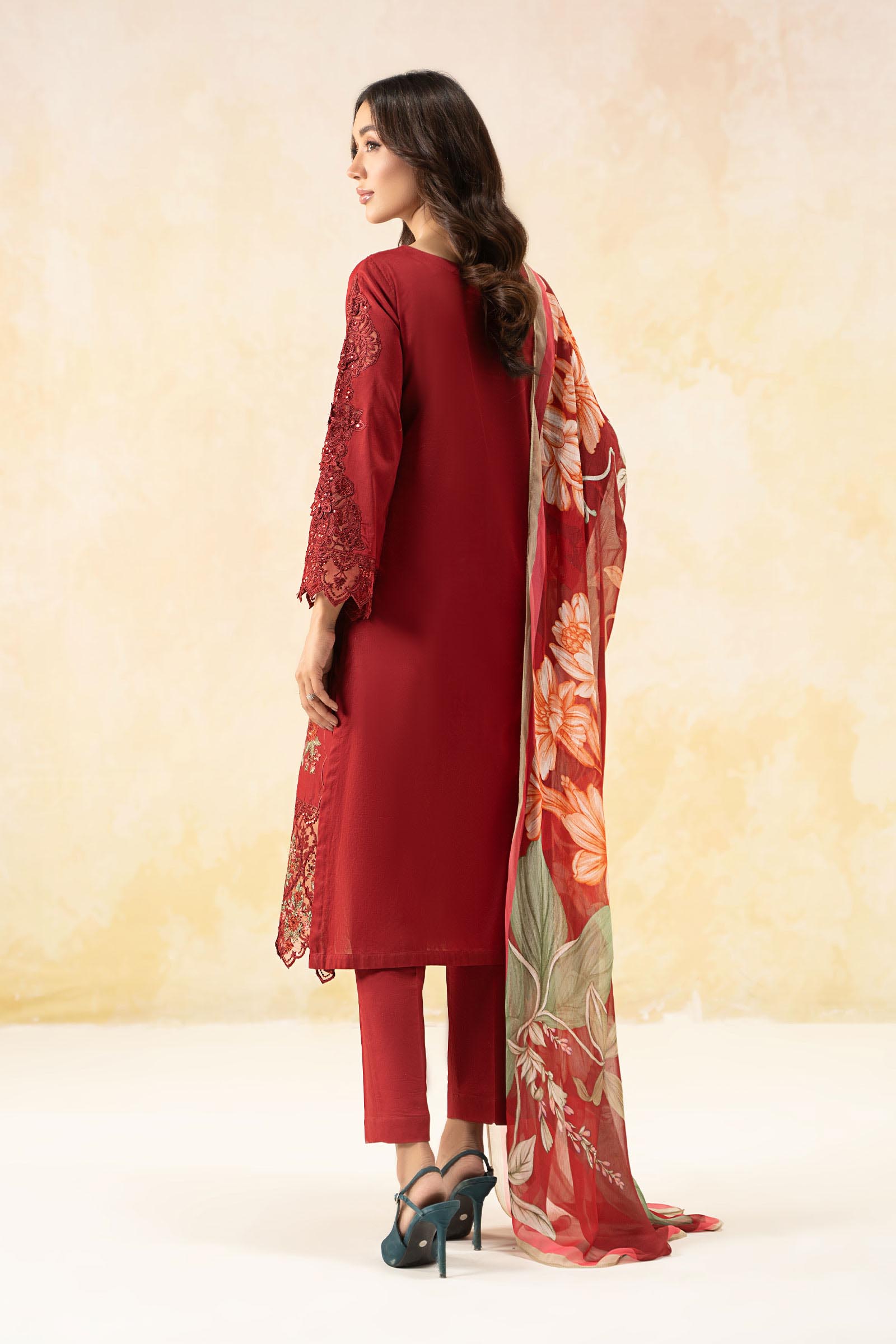 Pakistani Red Embroidered Dobby Lawn 3-Piece Suit - Image 7