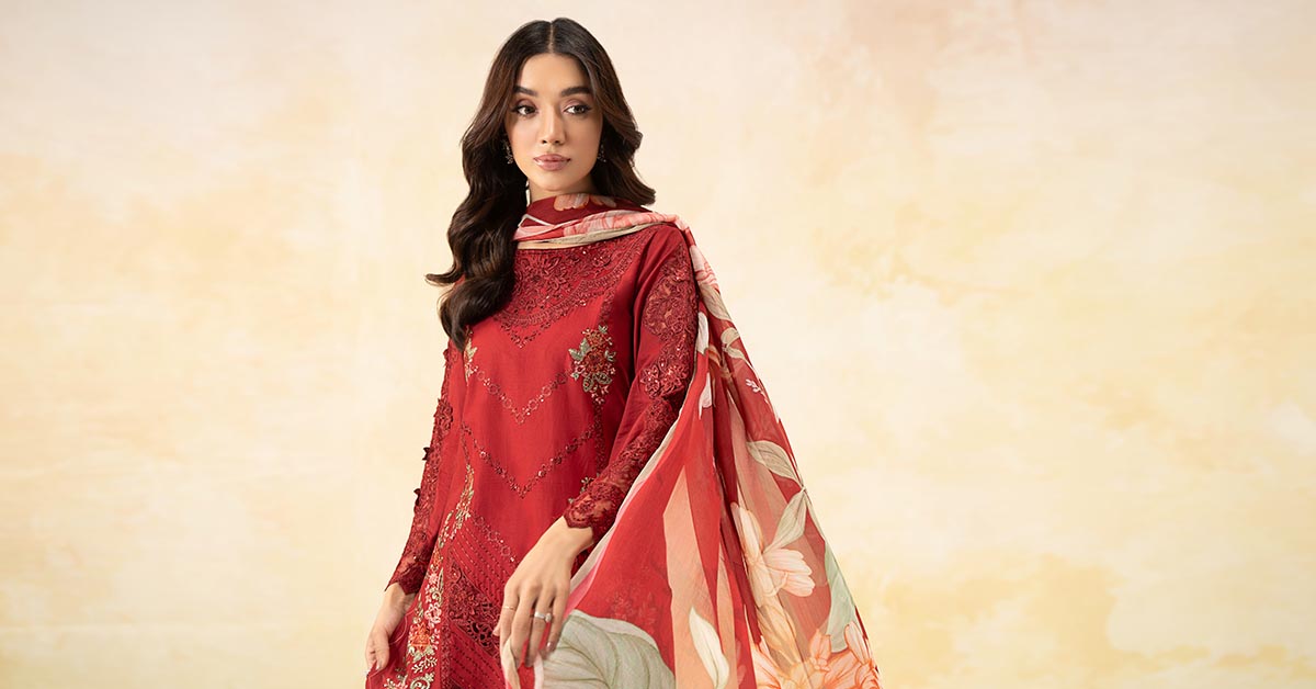 Pakistani Red Embroidered Dobby Lawn 3-Piece Suit - Image 8