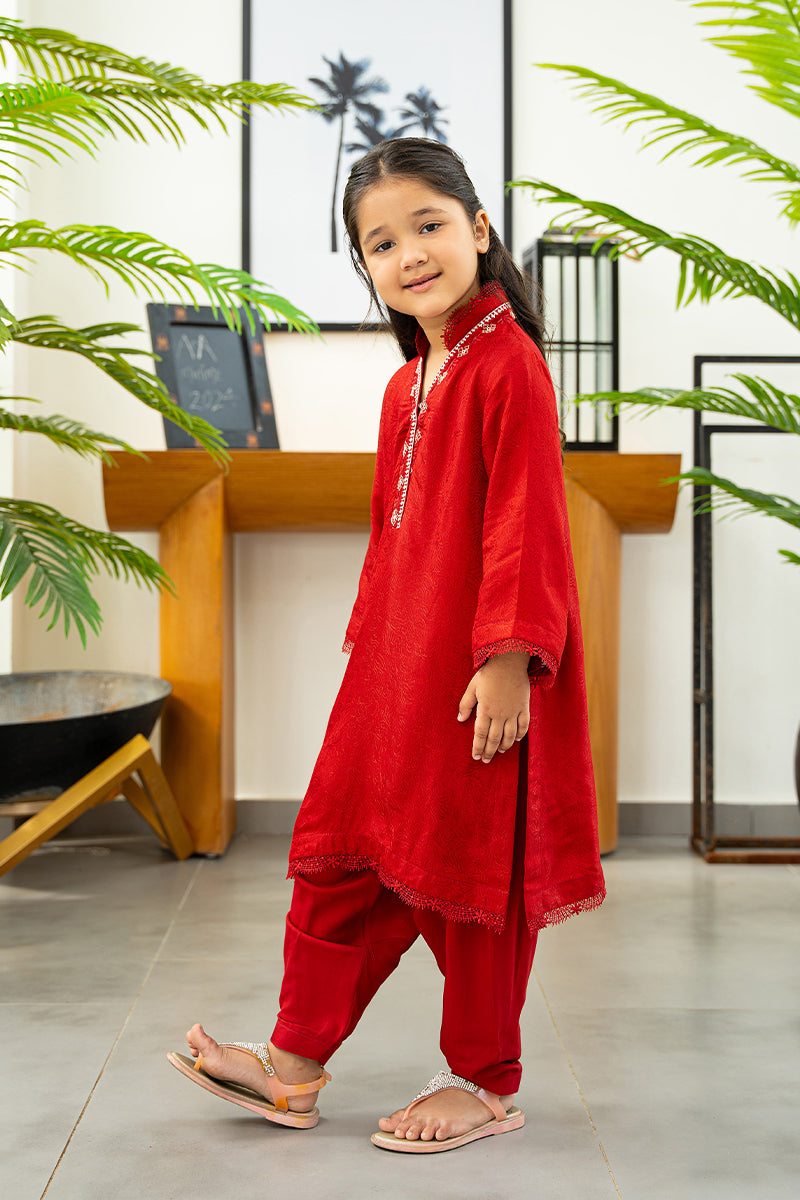 Pakistani Deep Red Embroidered Embossed Silk Kurta Set (2-Piece) - Image 3