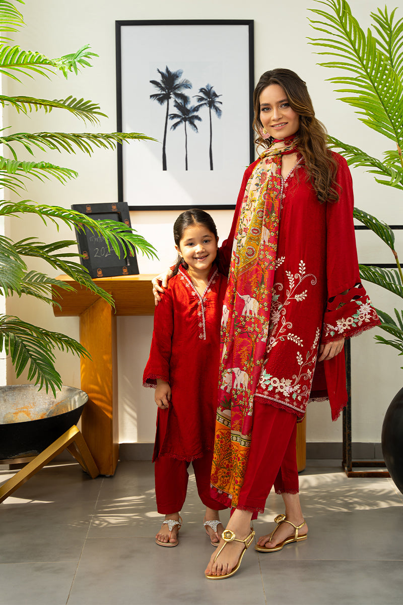 Pakistani Deep Red Embroidered Embossed Silk Kurta Set (2-Piece) - Image 9