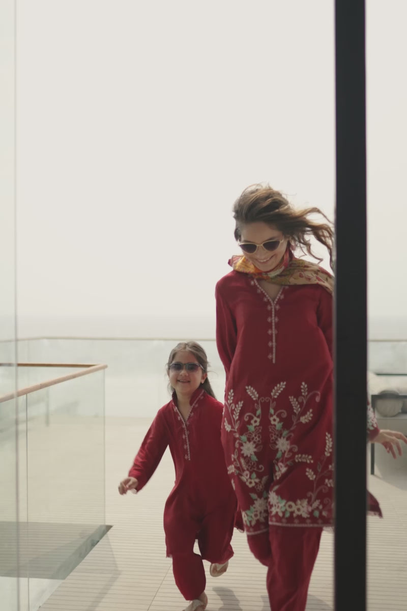 Deep Cherry Red Embroidered Silk Salwar Kameez (3-Piece) - Image 16