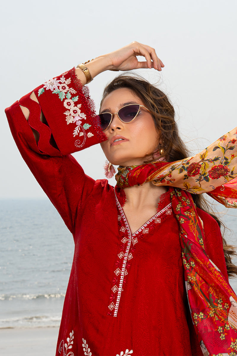 Deep Cherry Red Embroidered Silk Salwar Kameez (3-Piece) - Image 2