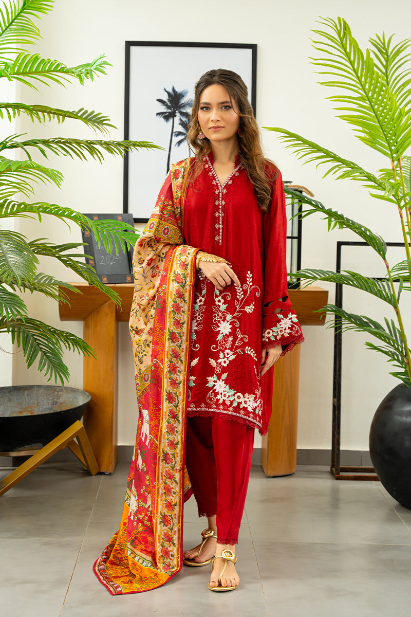 Pakistani Deep Cherry Red Embroidered Silk Salwar Kameez (3-Piece) - Image 1