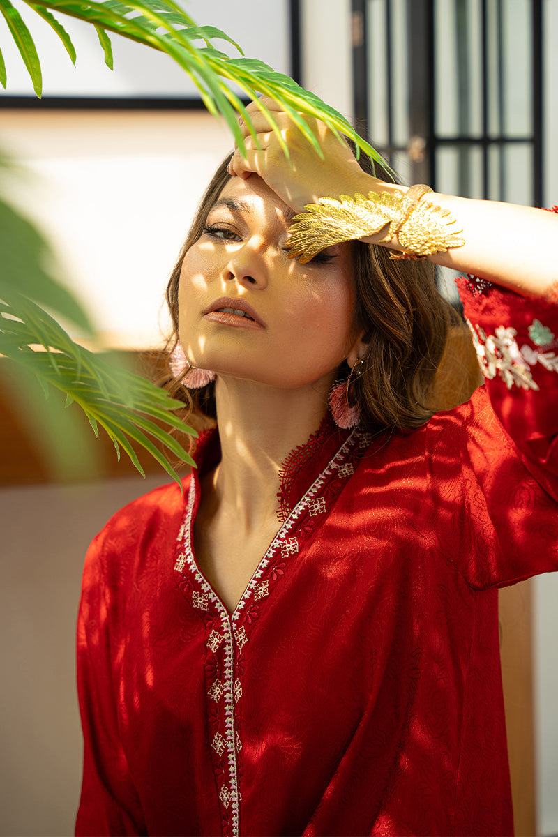 Pakistani Deep Cherry Red Embroidered Silk Salwar Kameez (3-Piece) - Image 12