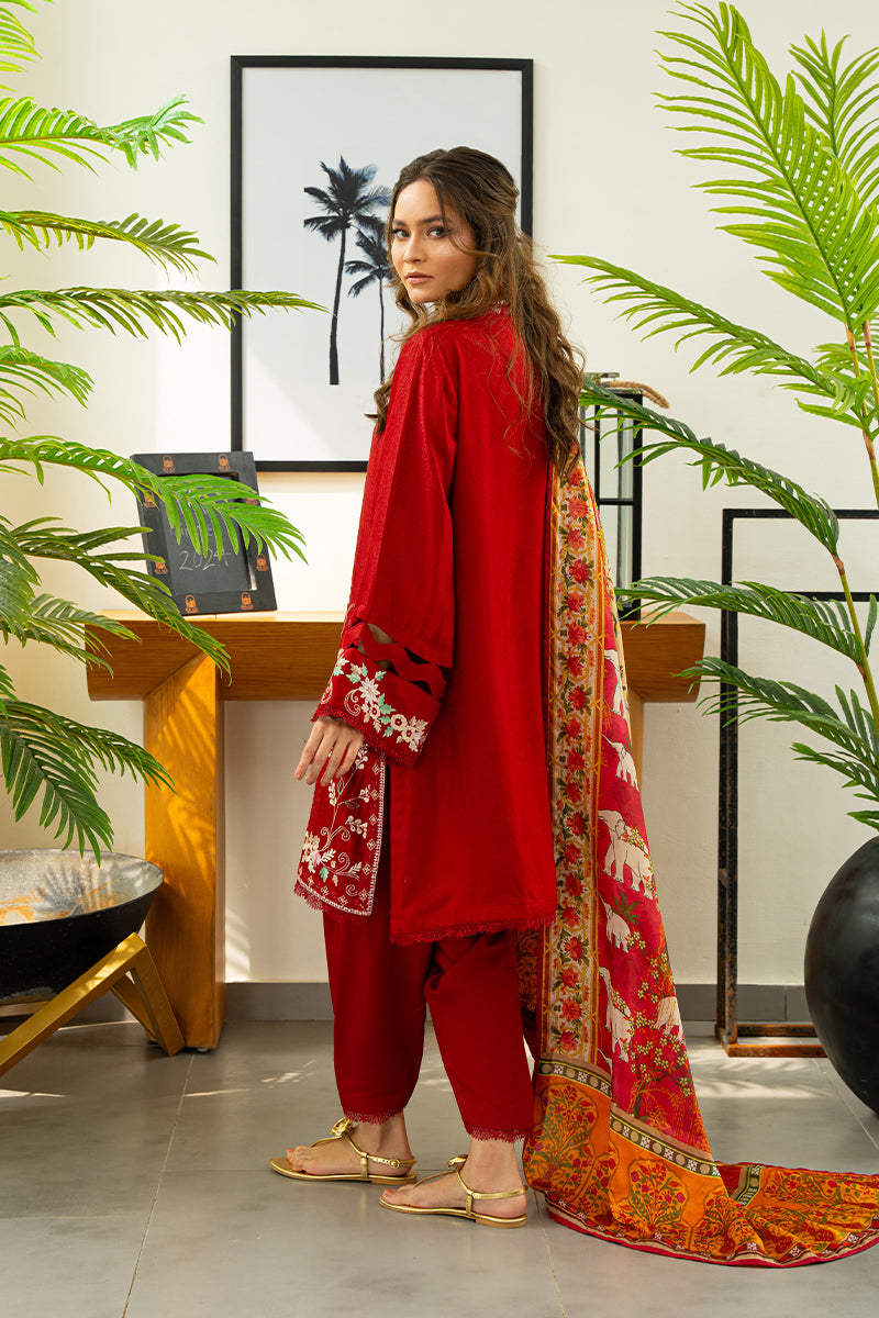 Pakistani Deep Cherry Red Embroidered Silk Salwar Kameez (3-Piece) - Image 3