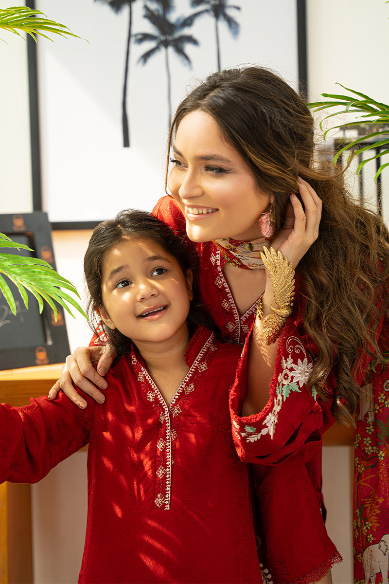 Pakistani Deep Cherry Red Embroidered Silk Salwar Kameez (3-Piece) - Image 4