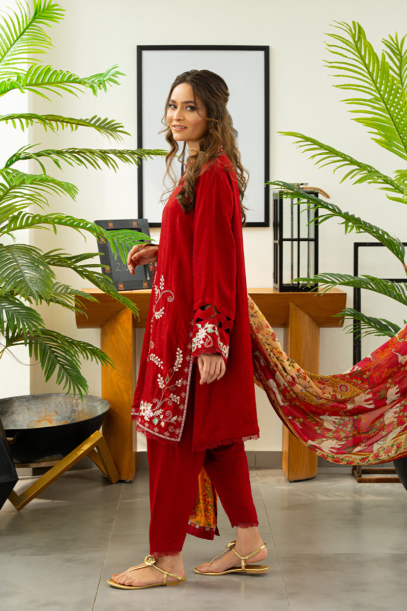 Pakistani Deep Cherry Red Embroidered Silk Salwar Kameez (3-Piece) - Image 5