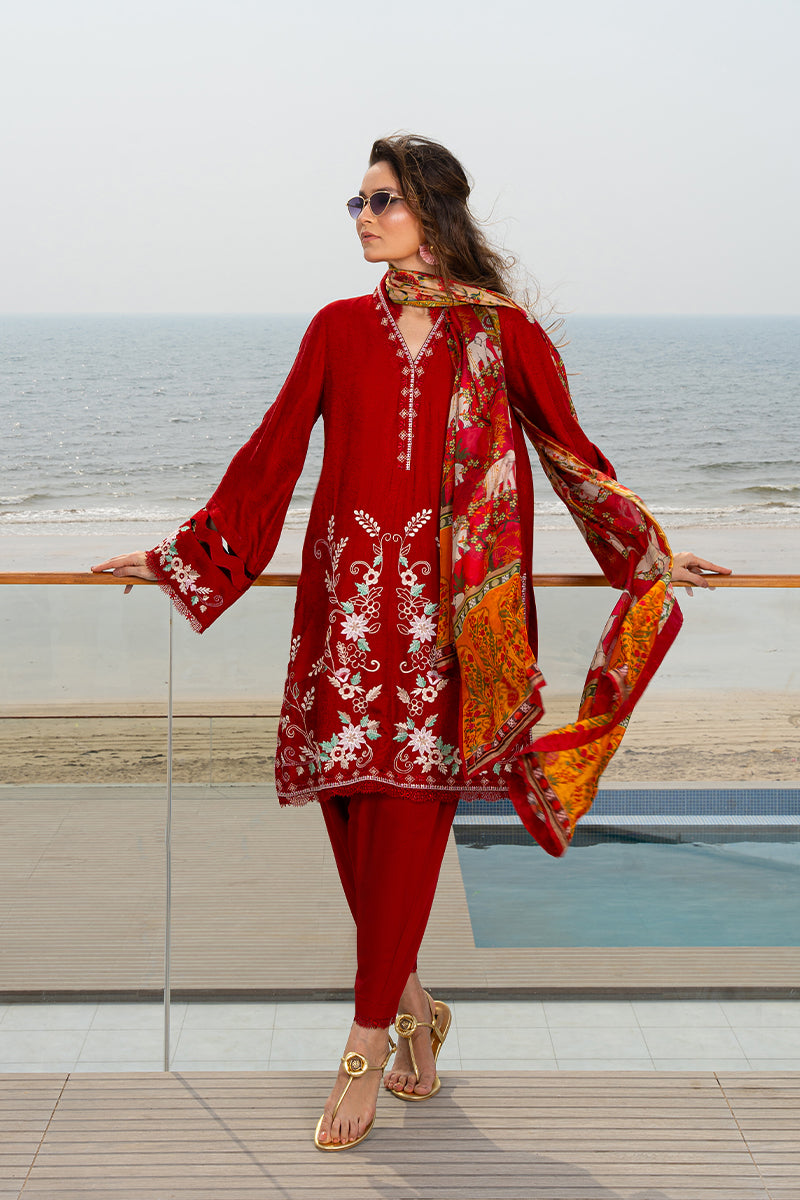 Pakistani Deep Cherry Red Embroidered Silk Salwar Kameez (3-Piece) - Image 6