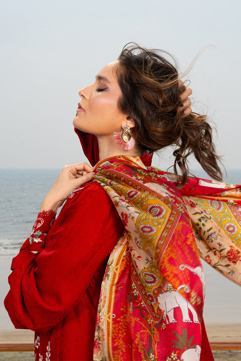 Pakistani Deep Cherry Red Embroidered Silk Salwar Kameez (3-Piece) - Image 7