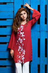 Pakistani Claret Red Botanical Embroidered Georgette Chiffon Tunic (2-Piece) - Image 4