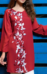 Pakistani Claret Red Botanical Embroidered Georgette Chiffon Tunic (2-Piece) - Image 5