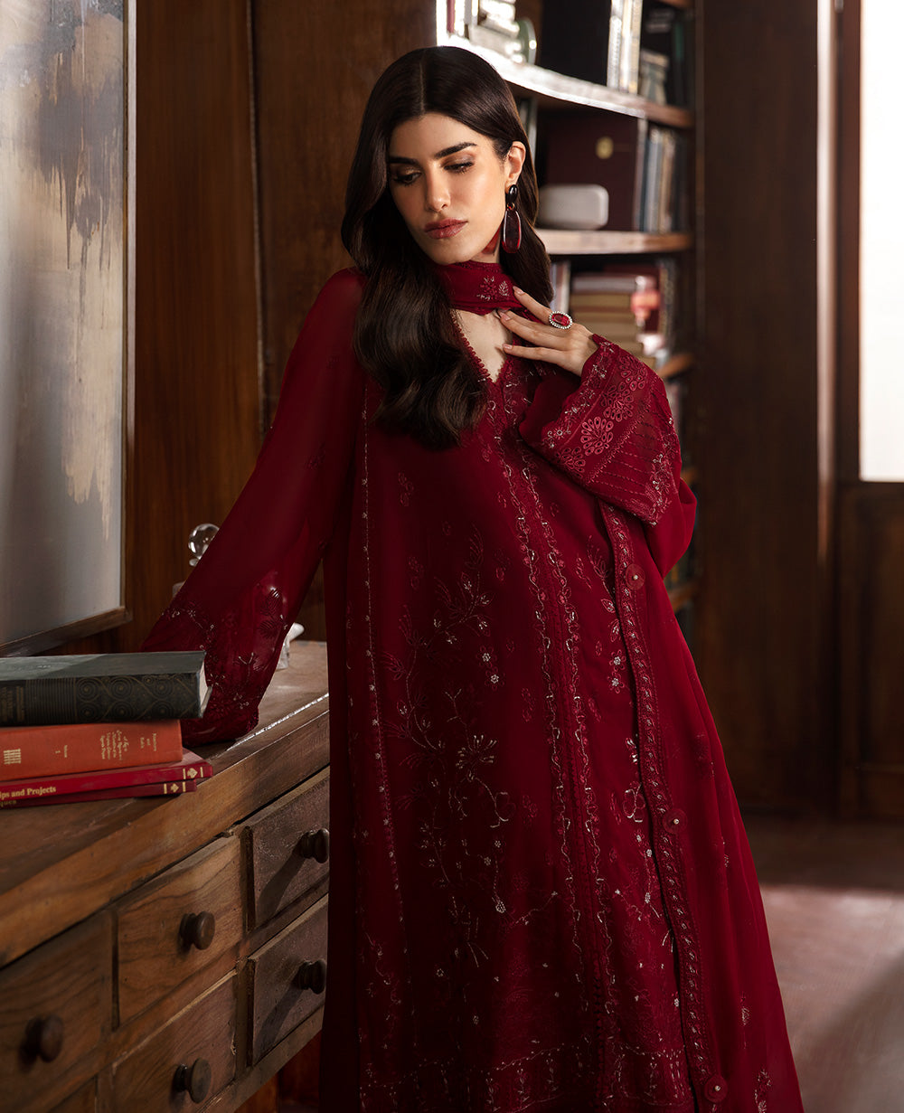 Pakistani Haute Red Embroidered Georgette Chiffon Salwar Kameez (3-Piece) - Image 3