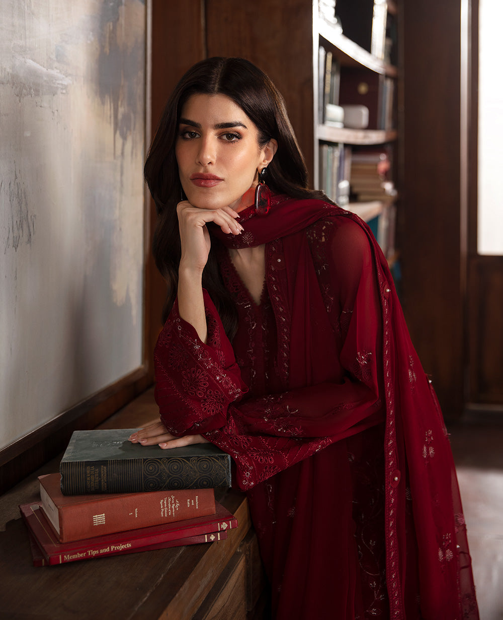 Pakistani Haute Red Embroidered Georgette Chiffon Salwar Kameez (3-Piece) - Image 4