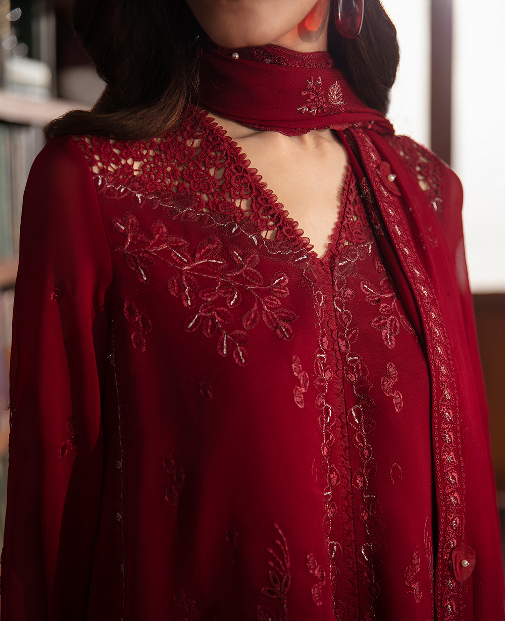 Pakistani Haute Red Embroidered Georgette Chiffon Salwar Kameez (3-Piece) - Image 5