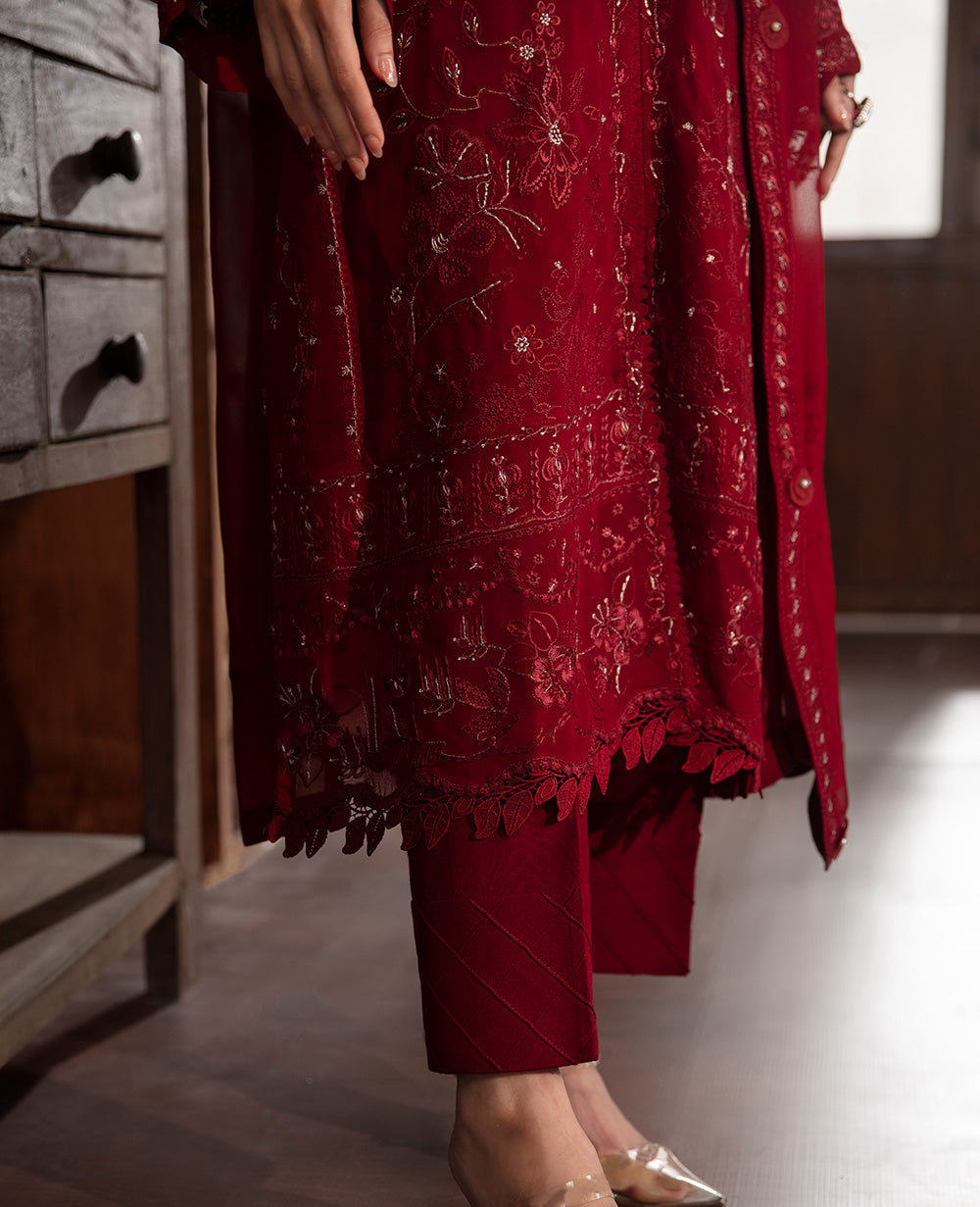 Pakistani Haute Red Embroidered Georgette Chiffon Salwar Kameez (3-Piece) - Image 6