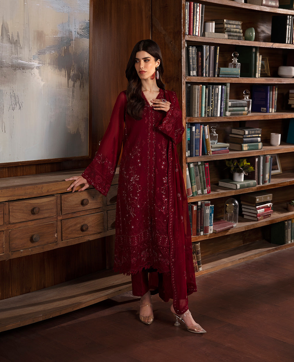 Haute Red Embroidered Georgette Chiffon Salwar Kameez (3-Piece) - Image 2