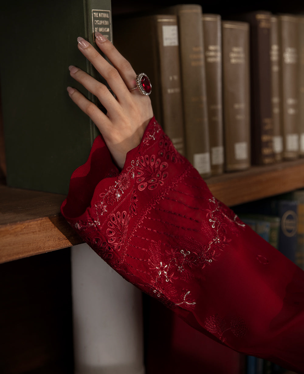 Haute Red Embroidered Georgette Chiffon Salwar Kameez (3-Piece) - Image 7