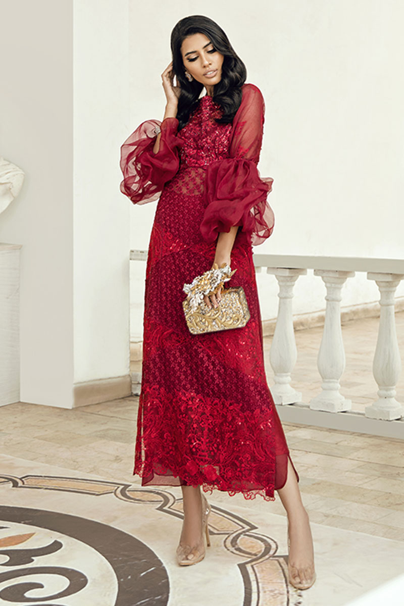 Scarlet Red Hand-Embellished Jacquard Cotton Net Long Shirt (1-Pc) - Image 1