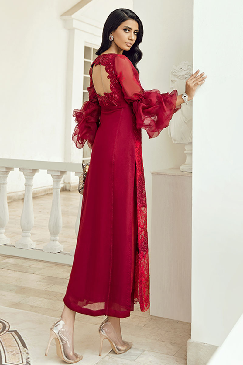 Scarlet Red Hand-Embellished Jacquard Cotton Net Long Shirt (1-Pc) - Image 5