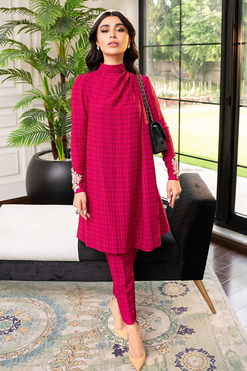 Pakistani Raspberry Red Hand-Embellished Jacquard Salwar Kameez (2-Piece) - Image 1
