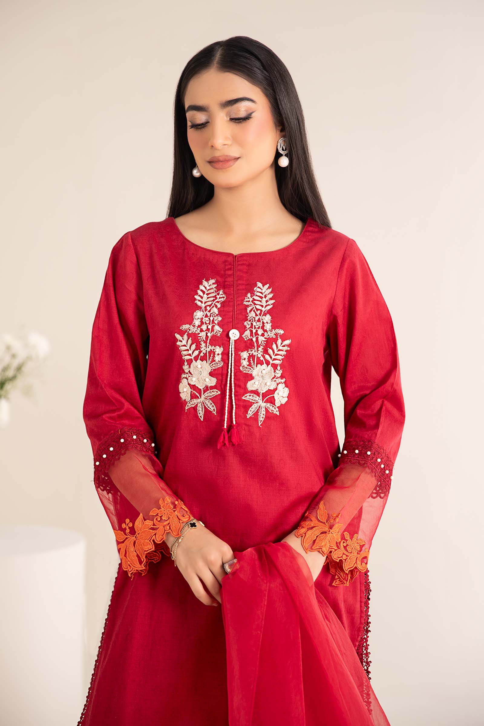 Pakistani Red Embroidered Self Jacquard Lawn Salwar Kameez (3-Piece) - Image 2