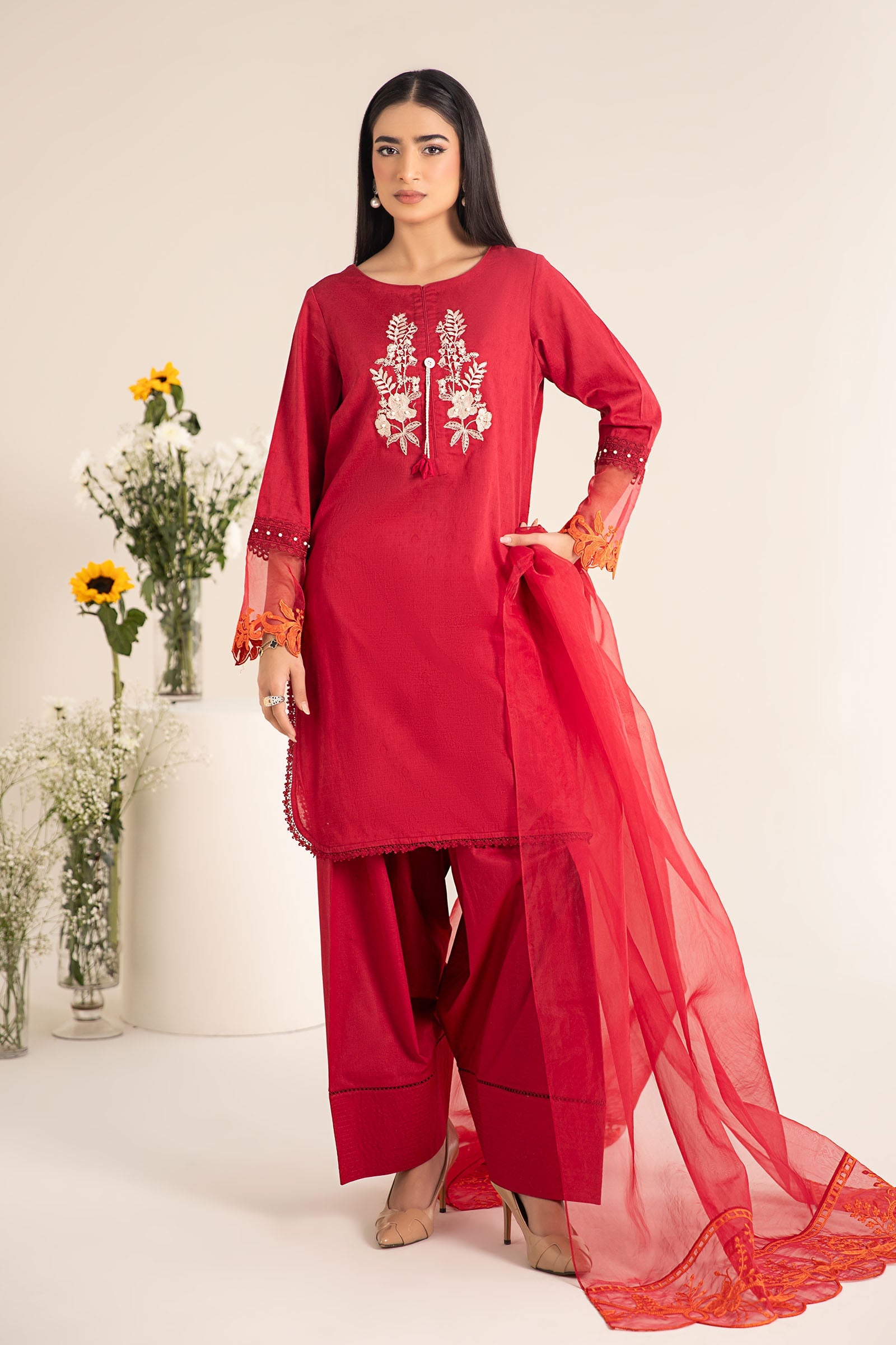 Pakistani Red Embroidered Self Jacquard Lawn Salwar Kameez (3-Piece) - Image 3