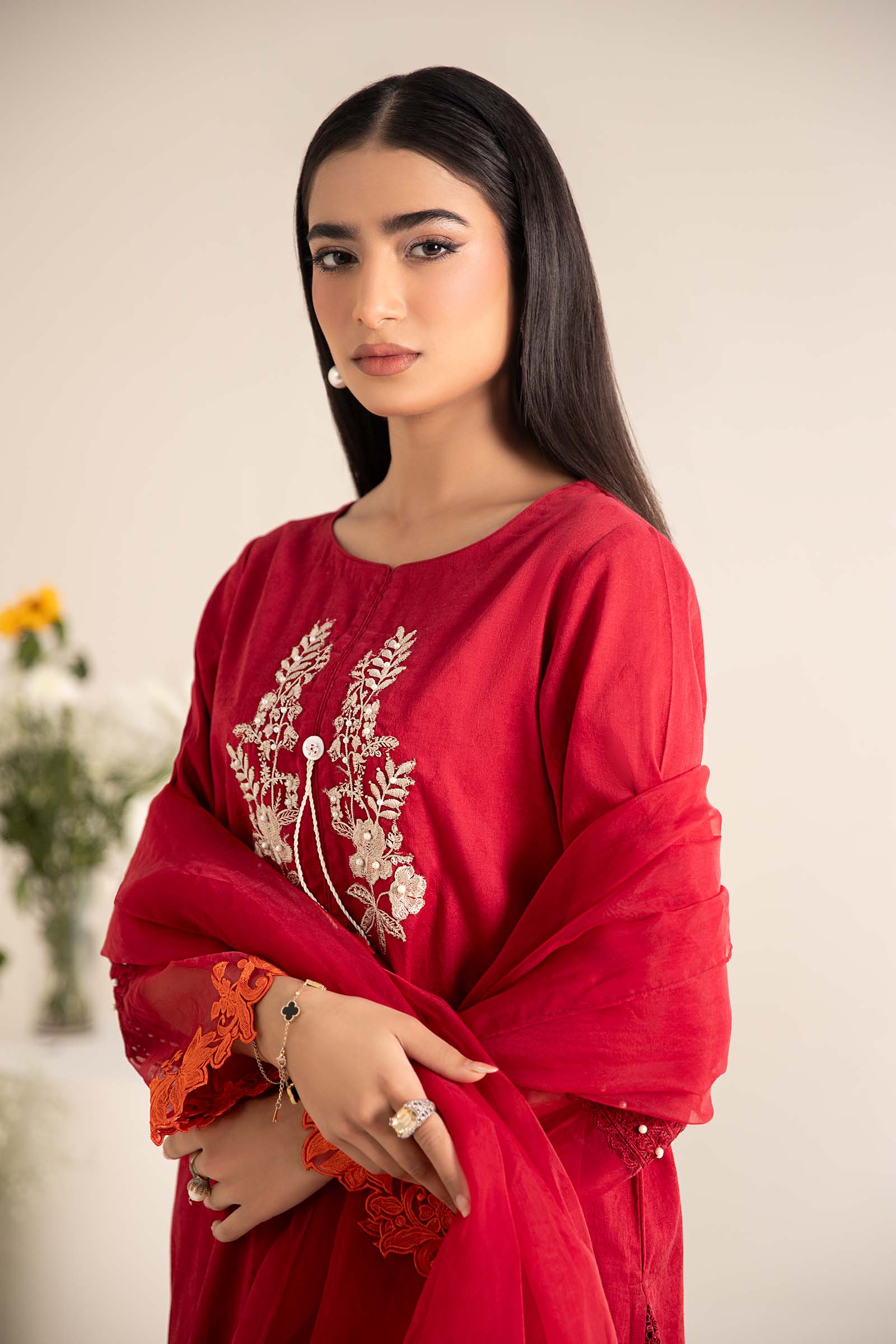 Pakistani Red Embroidered Self Jacquard Lawn Salwar Kameez (3-Piece) - Image 5