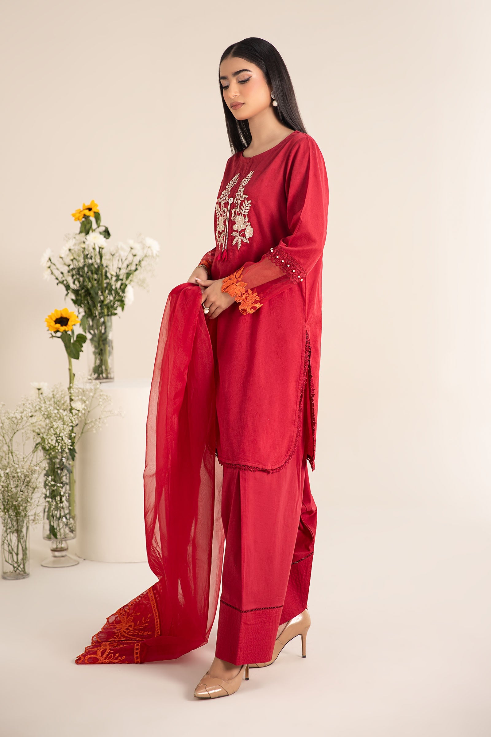 Pakistani Red Embroidered Self Jacquard Lawn Salwar Kameez (3-Piece) - Image 6