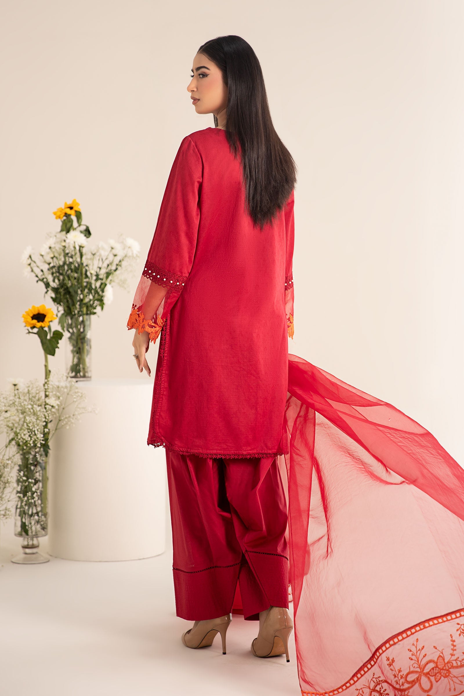 Pakistani Red Embroidered Self Jacquard Lawn Salwar Kameez (3-Piece) - Image 8