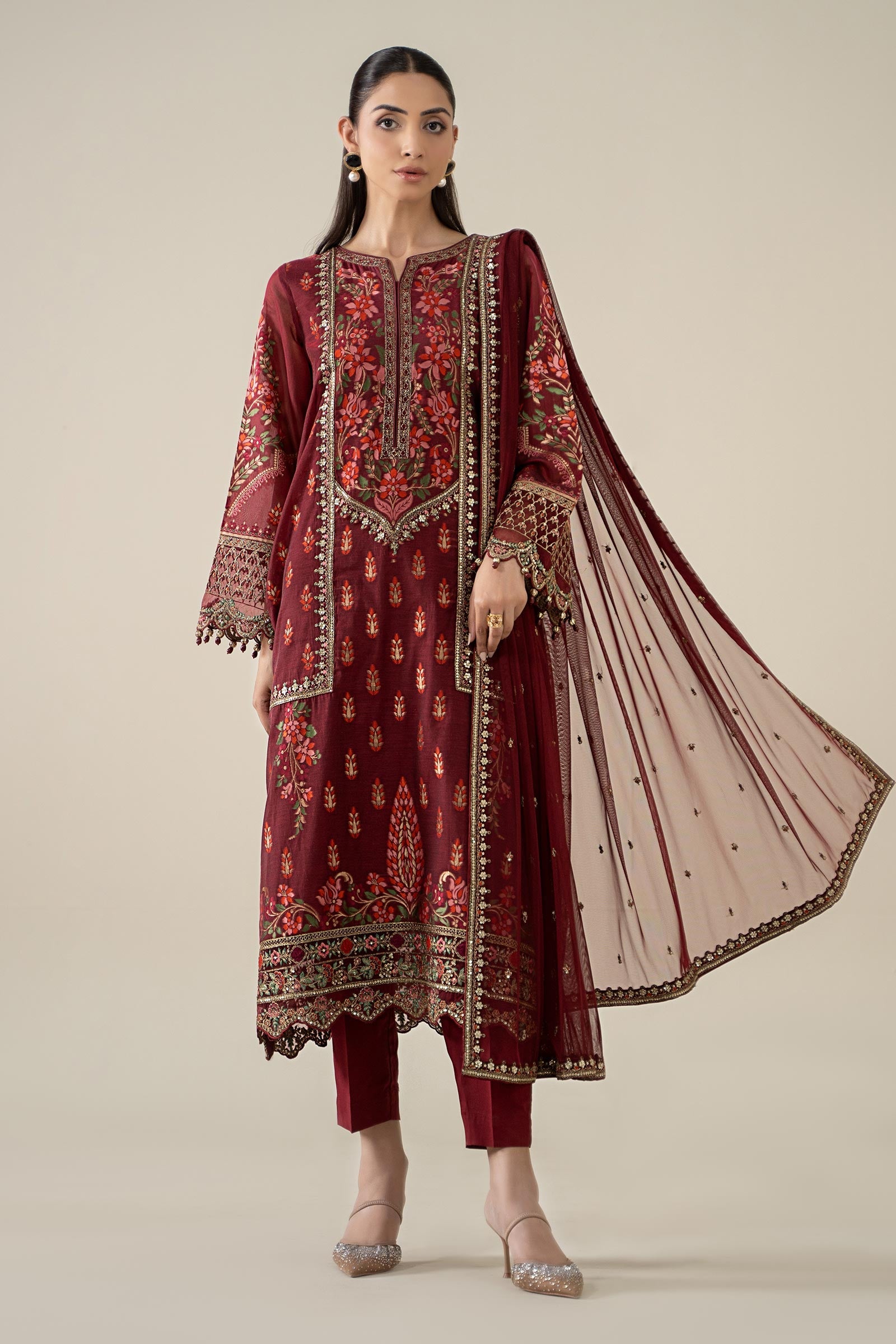 Red Jacquard Embroidered Salwar Kameez (3-Piece) - Image 1