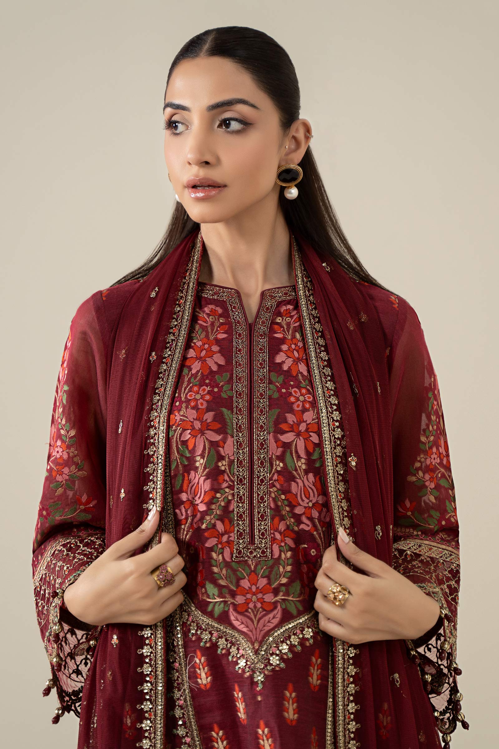 Red Jacquard Embroidered Salwar Kameez (3-Piece) - Image 2